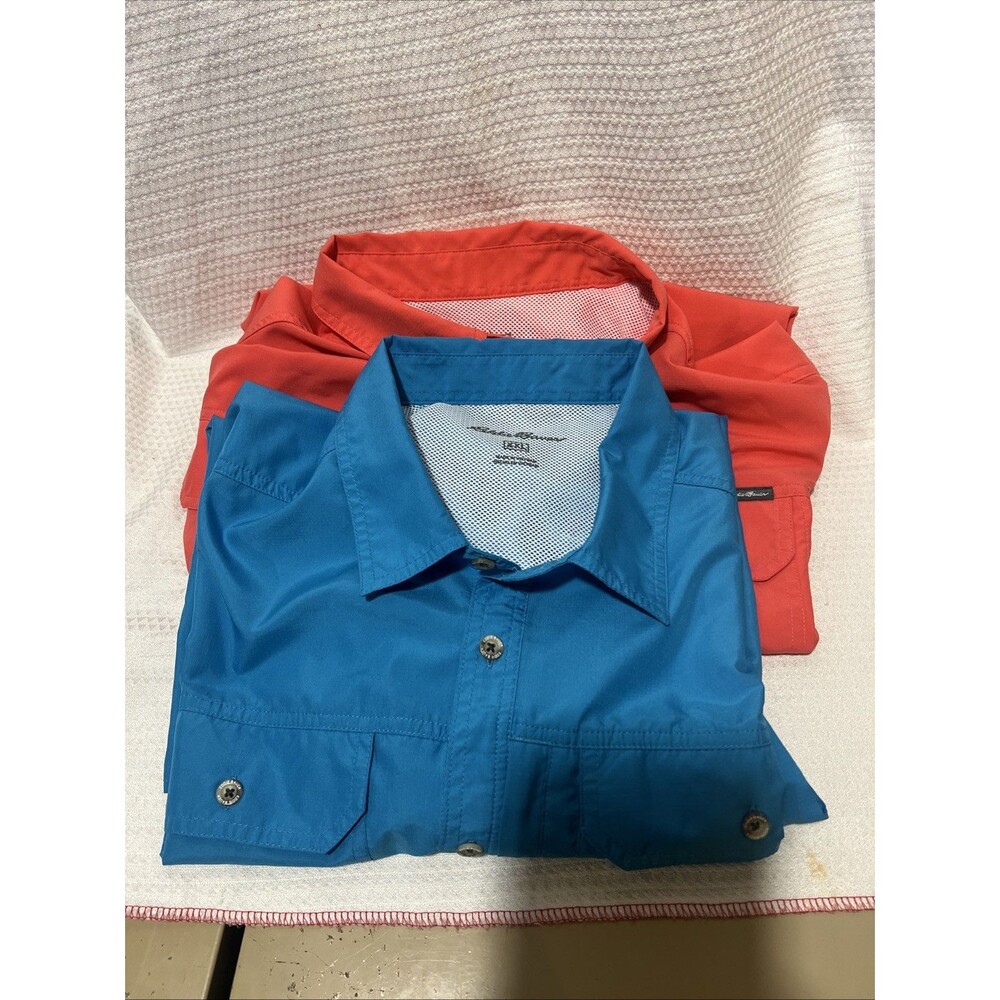 Lot Of 2 Eddie Bauer Mens Shirt Short Sleeve Flap Pocket Orange & Blue 2XL